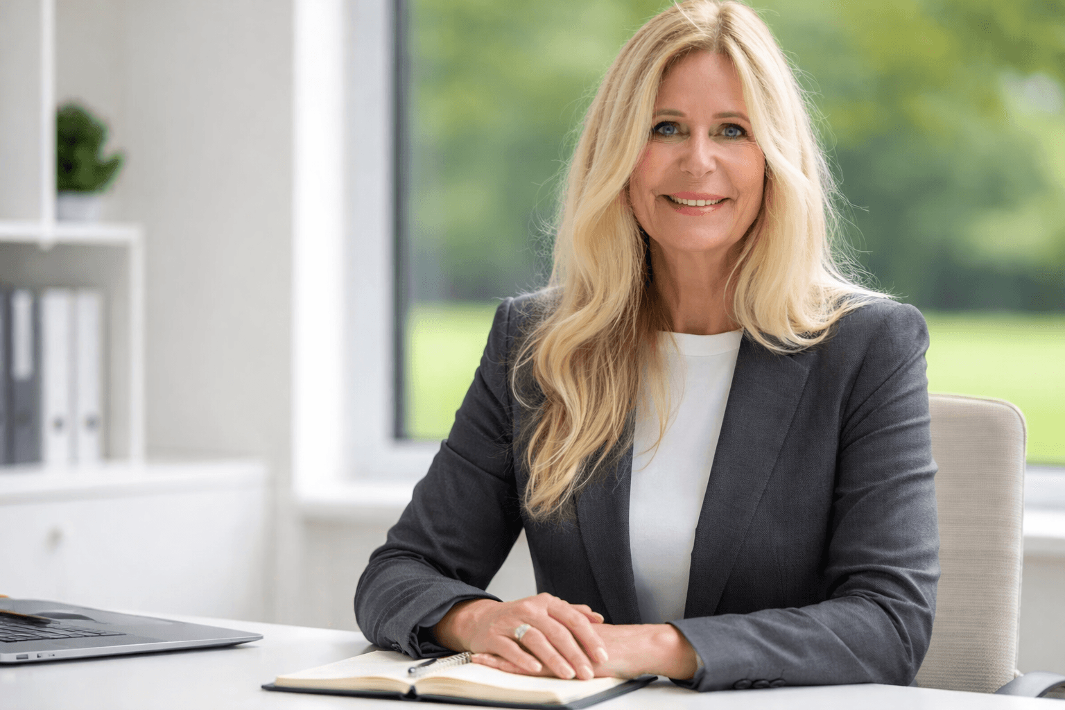 Lächelnde blonde Frau im grauen Blazer sitzt an einem Schreibtisch mit Laptop und Notizbuch.
