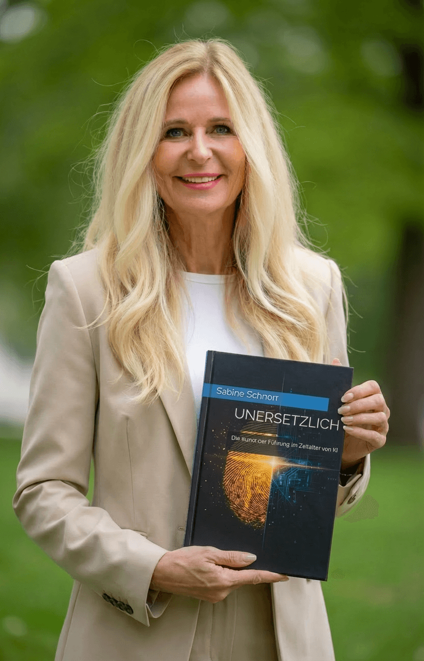 Lächelnde blonde Frau im beigen Blazer hält ihr Buch „UNERSETZLICH“ vor einem verschwommenen Parkhintergrund.