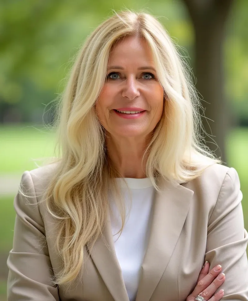 Lächelnde blonde Frau in beigem Blazer vor einem verschwommenen grünen Park im Freien.