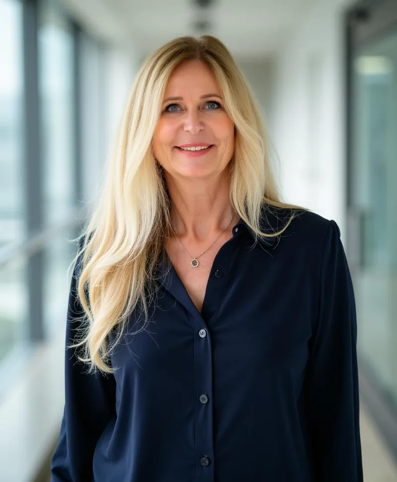 Lächelnde blonde Frau in dunkelblauer Bluse vor einem hellen, unscharfen Hintergrund in einem Büroflur.