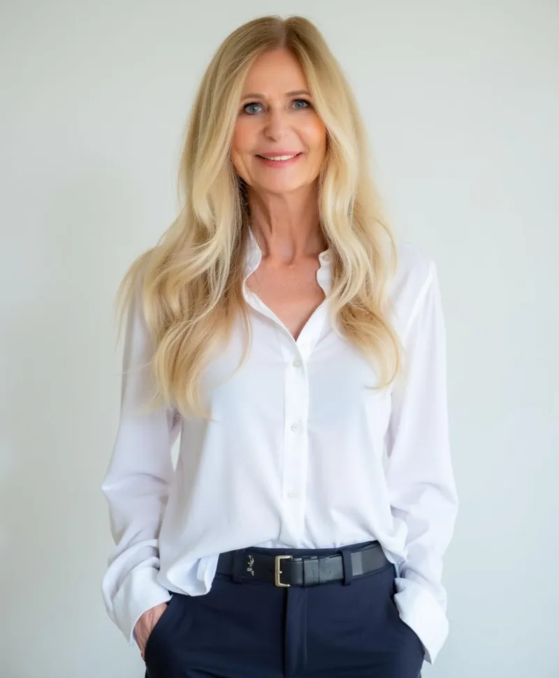 Lächelnde Frau mit langen blonden Haaren trägt eine weiße Bluse und eine dunkle Stoffhose.